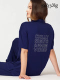 Womens Modal Night Suit Navy Blue Back Printed Shirt & Pajama - Collar Pajama