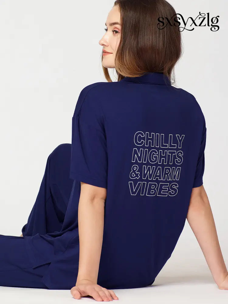 Womens Modal Night Suit Navy Blue Back Printed Shirt & Pajama - Collar Pajama