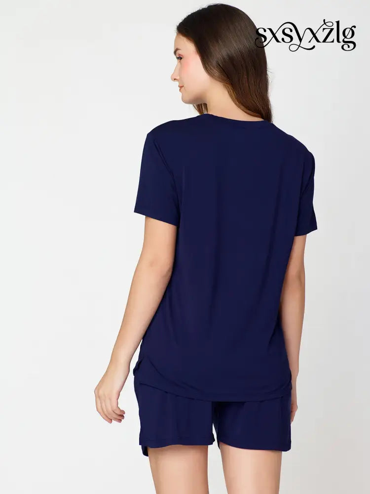 Womens Modal Night Suit Navy Blue Printed Top & Short - Short Set