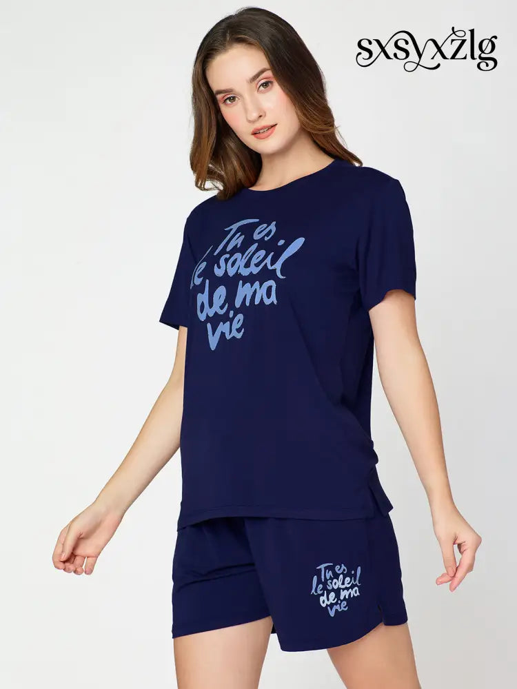 Womens Modal Night Suit Navy Blue Printed Top & Short - Short Set
