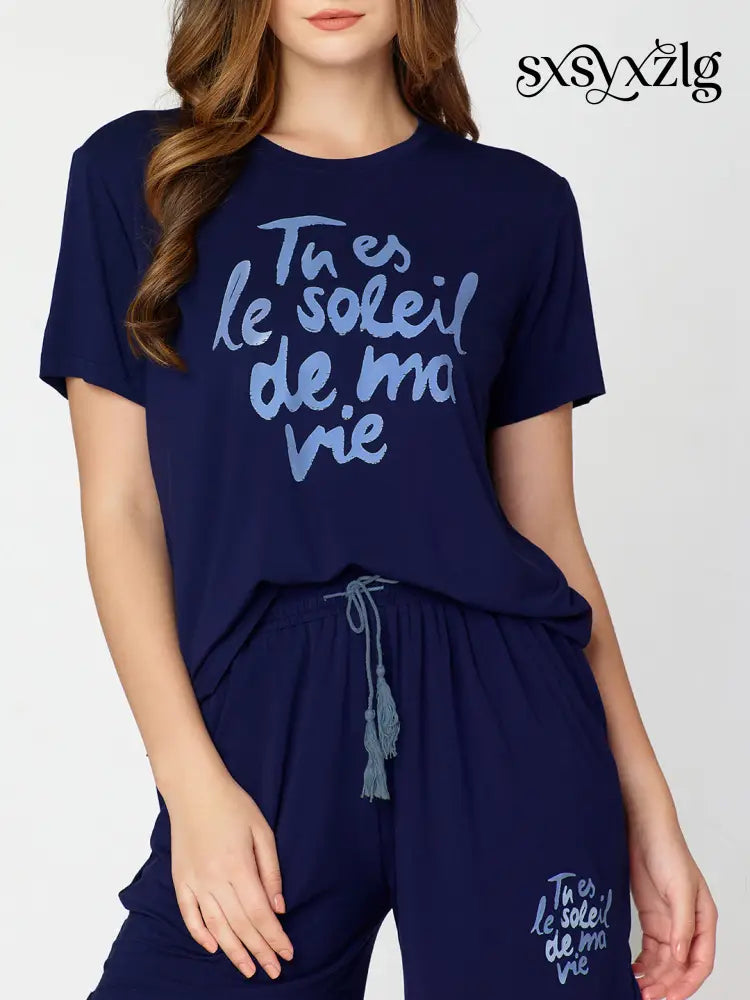 Womens Modal Night Suit Navy Blue Printed Top & Short - Short Set