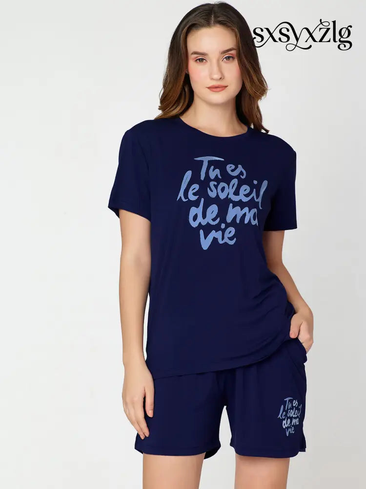 Womens Modal Night Suit Navy Blue Printed Top & Short - Short Set