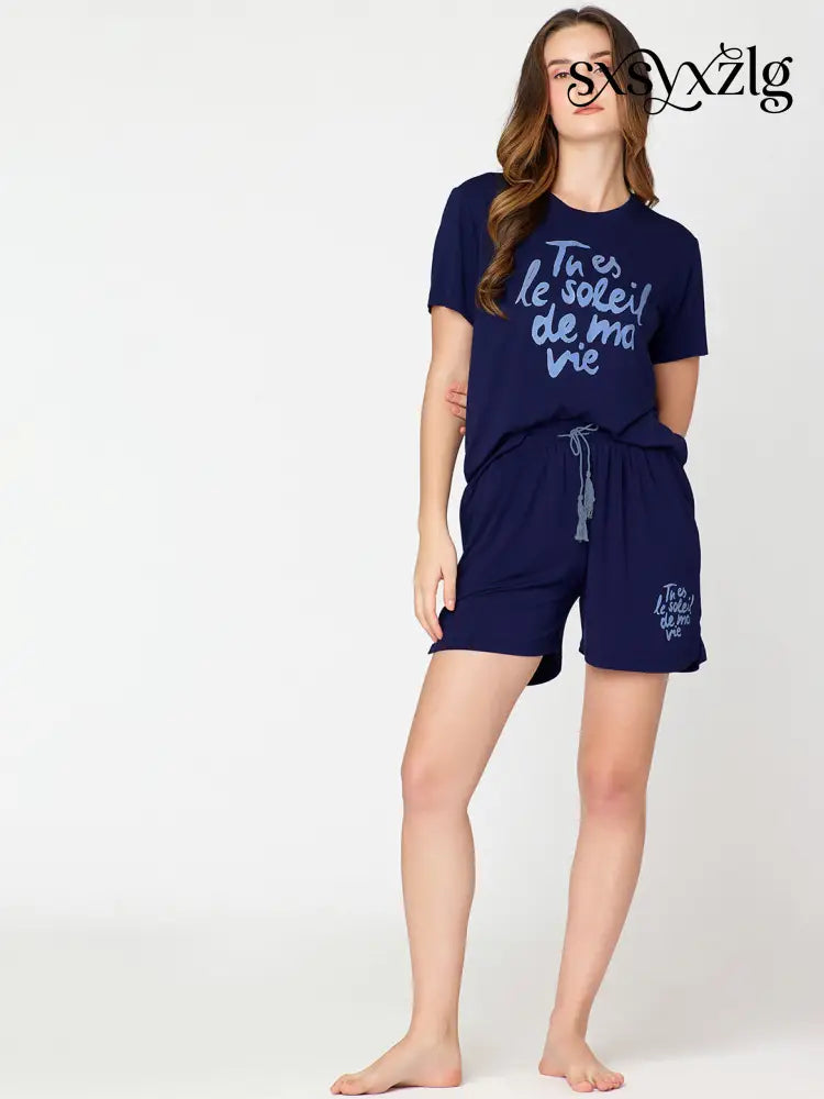 Womens Modal Night Suit Navy Blue Printed Top & Short - Short Set