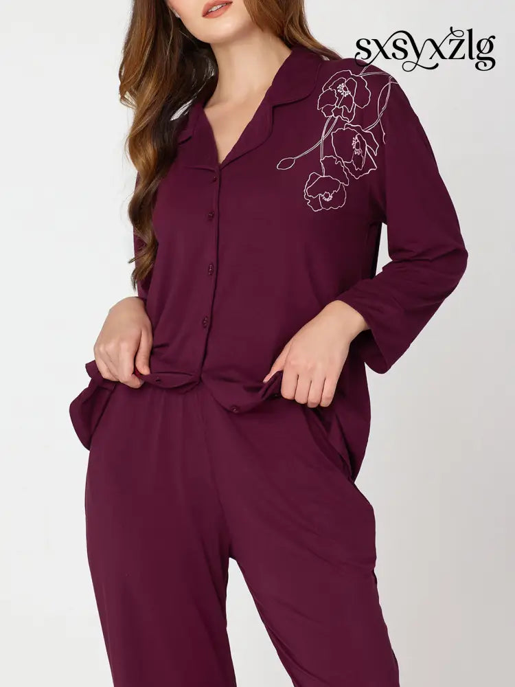 Womens Modal Night Suit Wine Floral Printed Shirt & Pajama - Collar Pajama