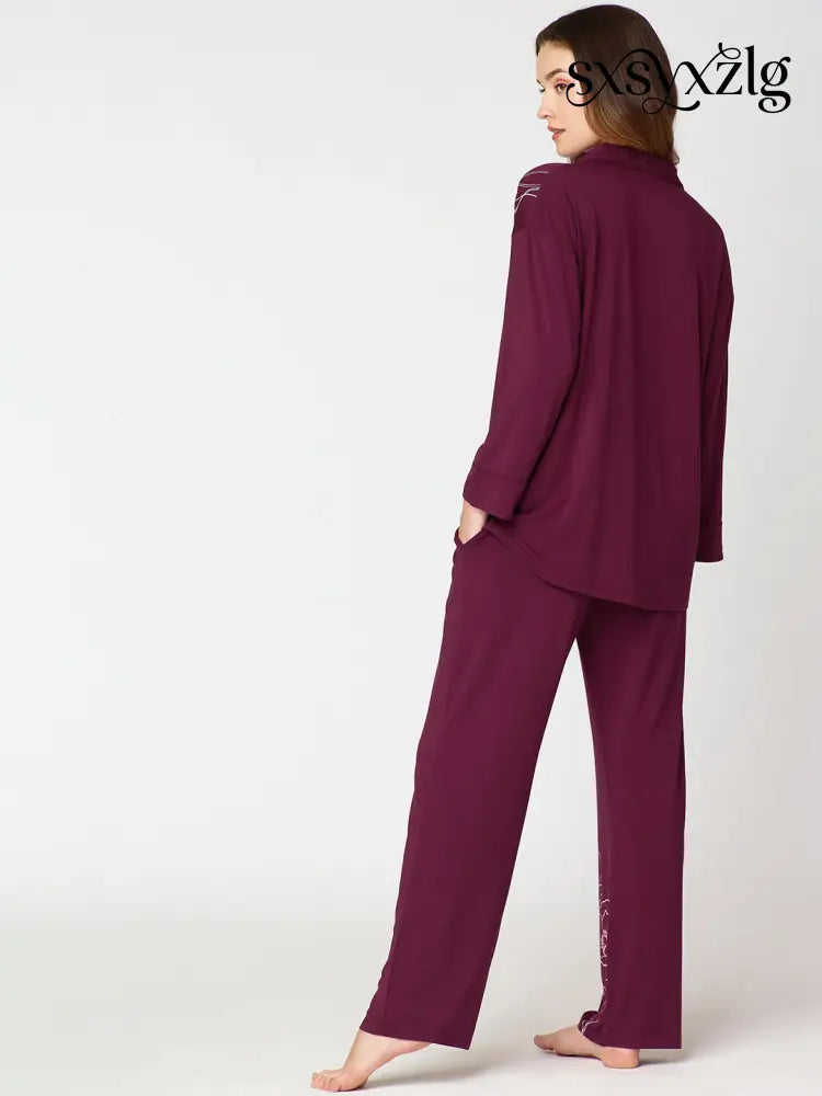 Womens Modal Night Suit Wine Floral Printed Shirt & Pajama - Collar Pajama