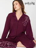Womens Modal Night Suit Wine Floral Printed Shirt & Pajama - Collar Pajama