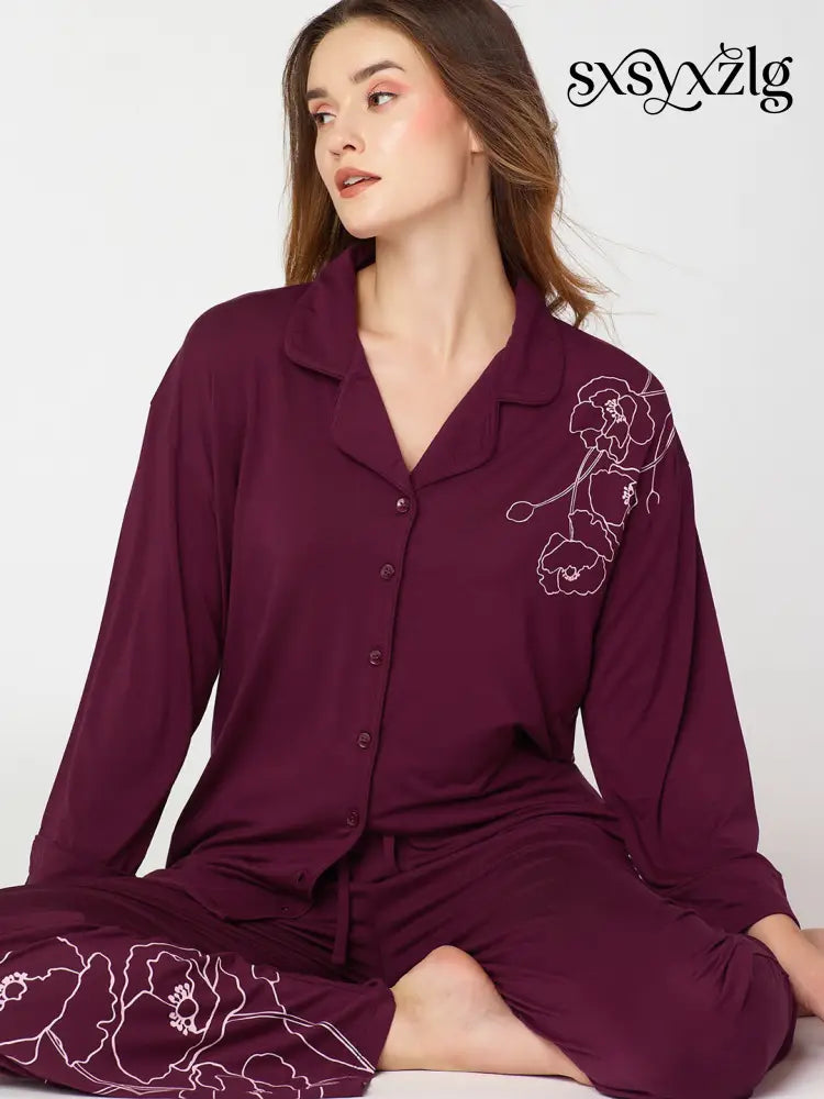 Womens Modal Night Suit Wine Floral Printed Shirt & Pajama - Collar Pajama