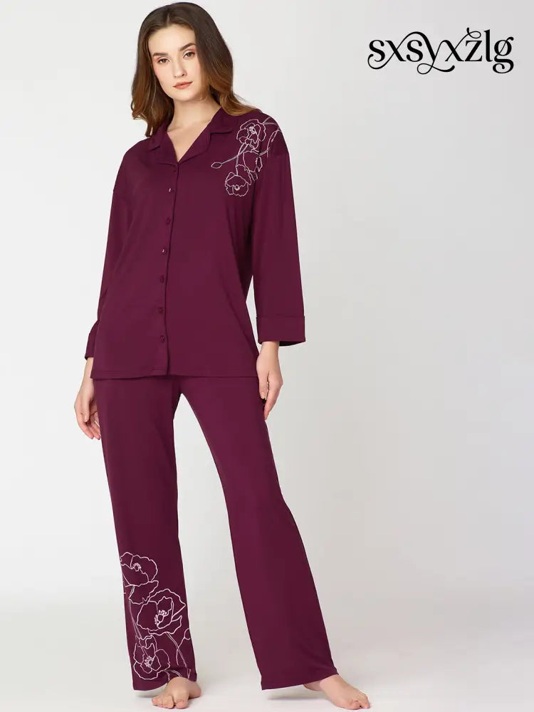Womens Modal Night Suit Wine Floral Printed Shirt & Pajama - Collar Pajama