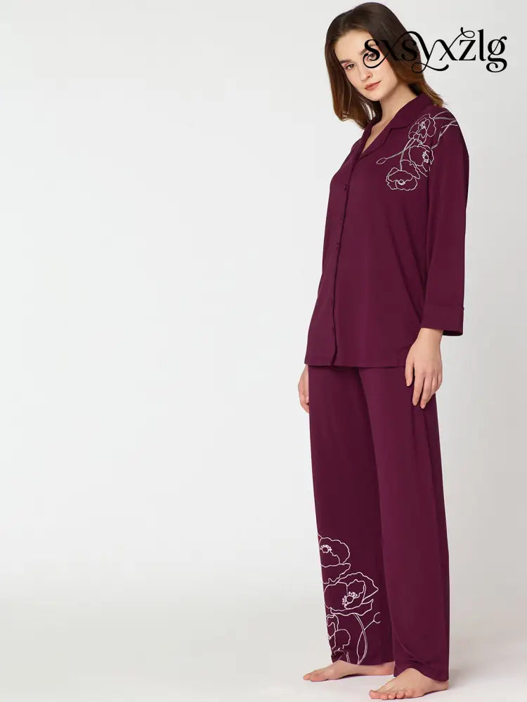 Womens Modal Night Suit Wine Floral Printed Shirt & Pajama - Collar Pajama