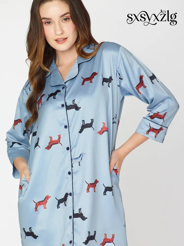 Women’s Satin Nightdress Animal Printed Blue Slipshirt - Shirt Sleeps