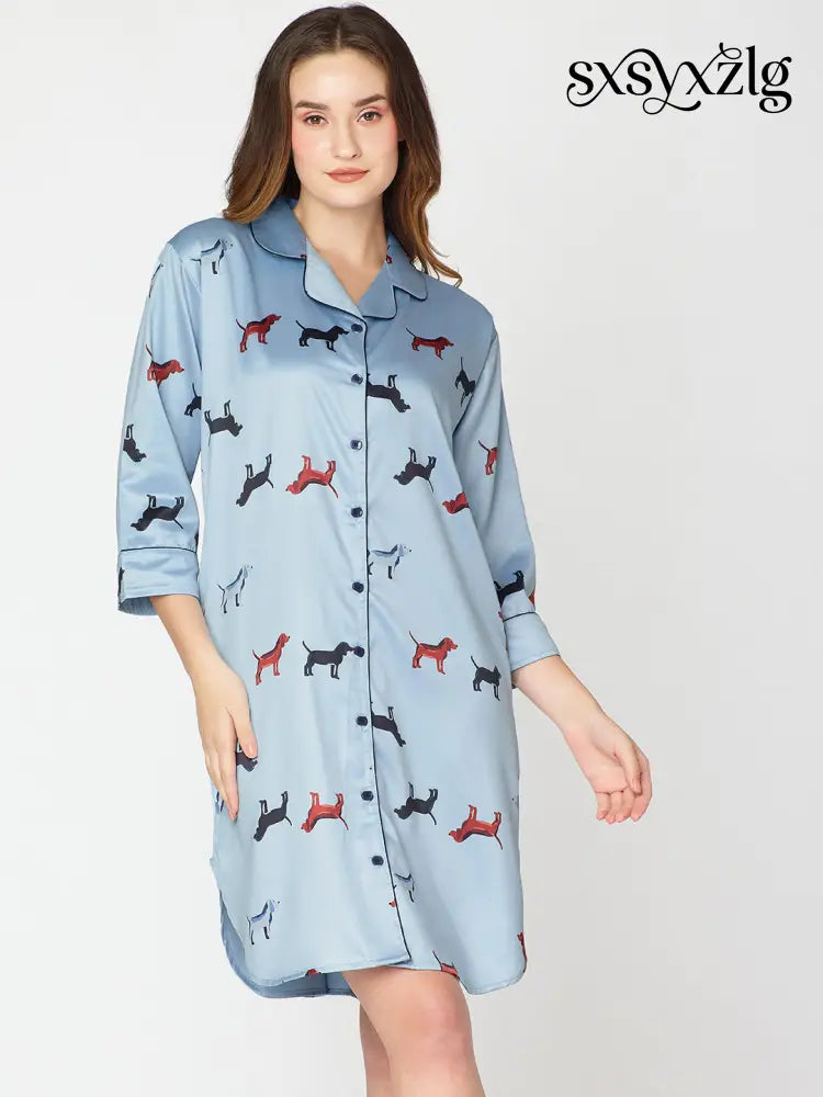 Women’s Satin Nightdress Animal Printed Blue Slipshirt - Shirt Sleeps
