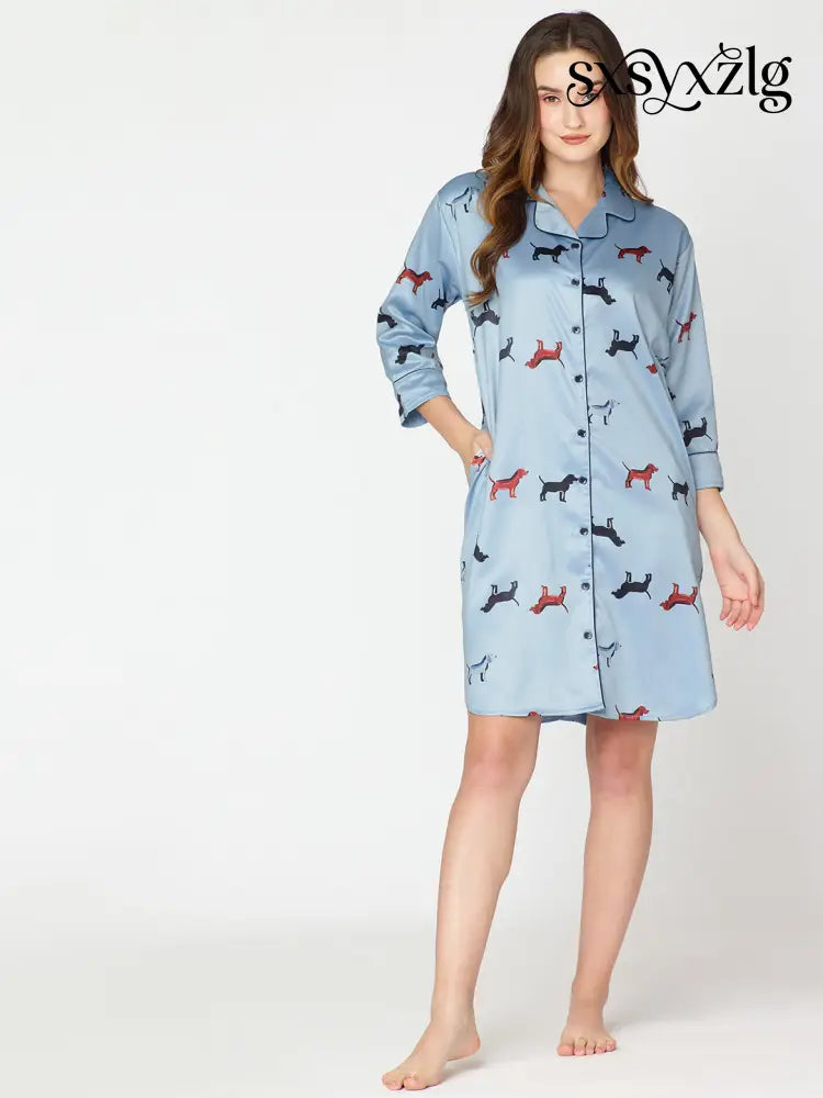 Women’s Satin Nightdress Animal Printed Blue Slipshirt - Shirt Sleeps