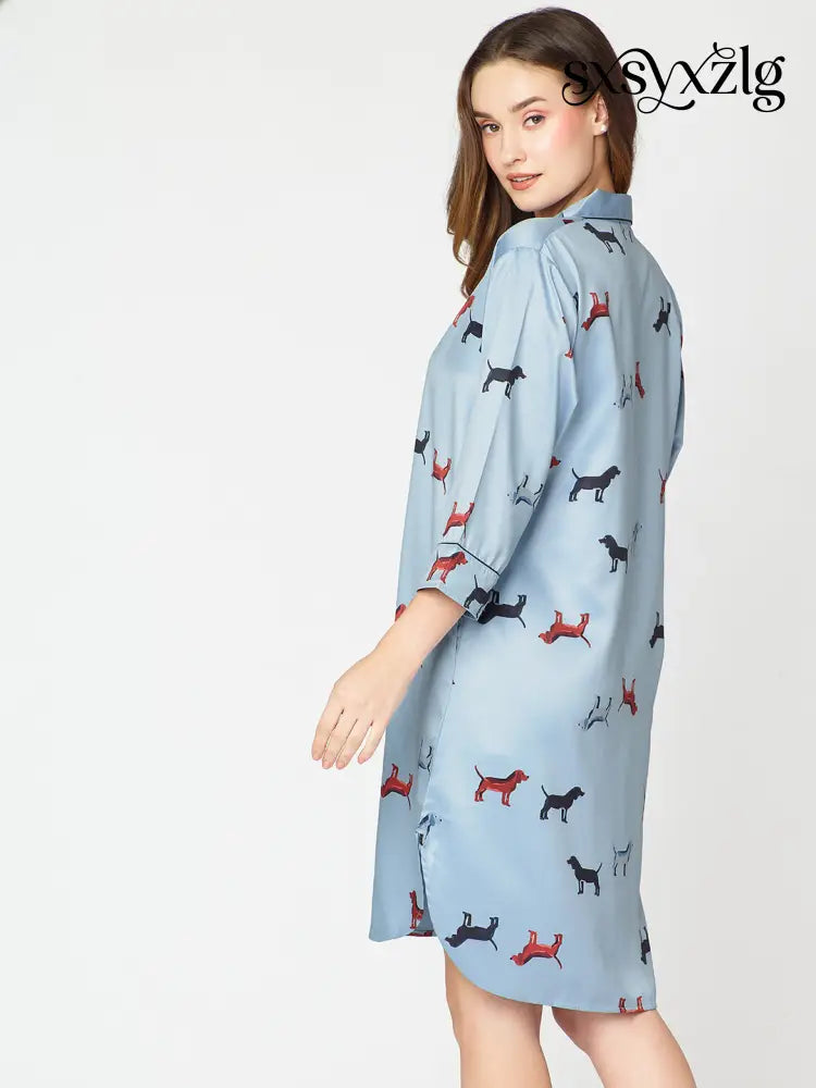 Women’s Satin Nightdress Animal Printed Blue Slipshirt - Shirt Sleeps