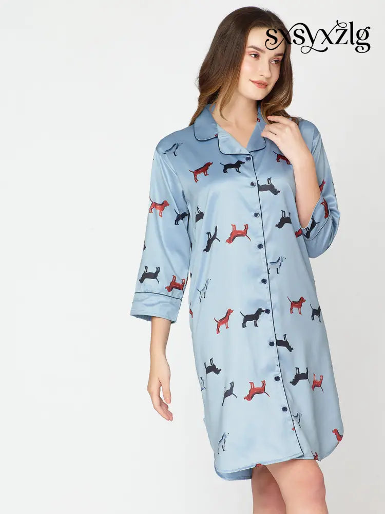 Women’s Satin Nightdress Animal Printed Blue Slipshirt - Shirt Sleeps