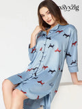 Women’s Satin Nightdress Animal Printed Blue Slipshirt - Shirt Sleeps