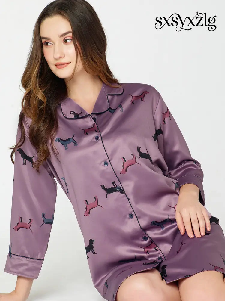Women’s Satin Nightdress Animal Printed Purple Slipshirt - Shirt Sleeps