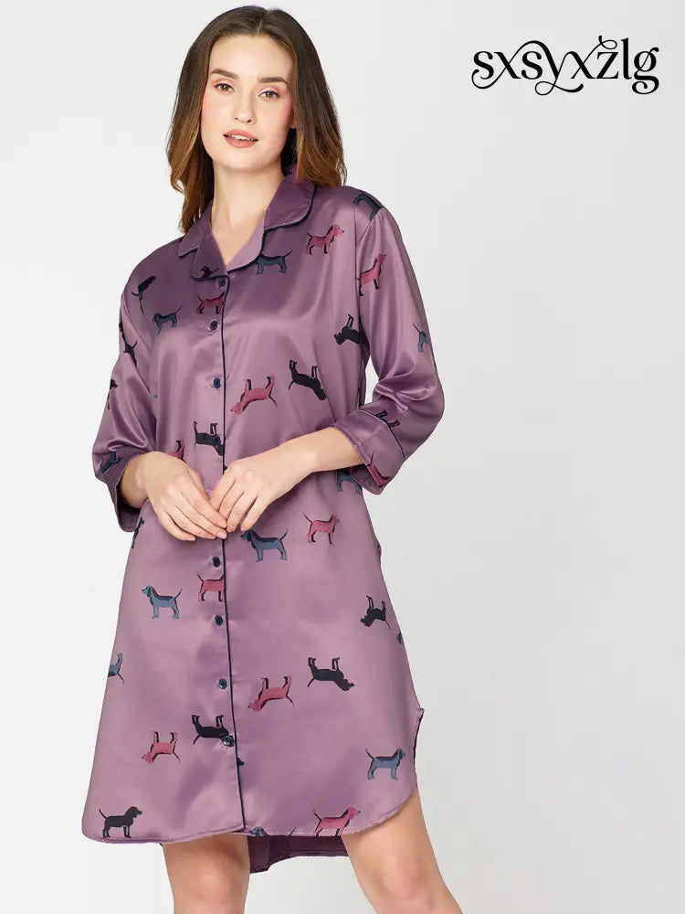 Women’s Satin Nightdress Animal Printed Purple Slipshirt - Shirt Sleeps