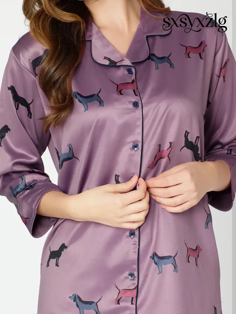 Women’s Satin Nightdress Animal Printed Purple Slipshirt - Shirt Sleeps