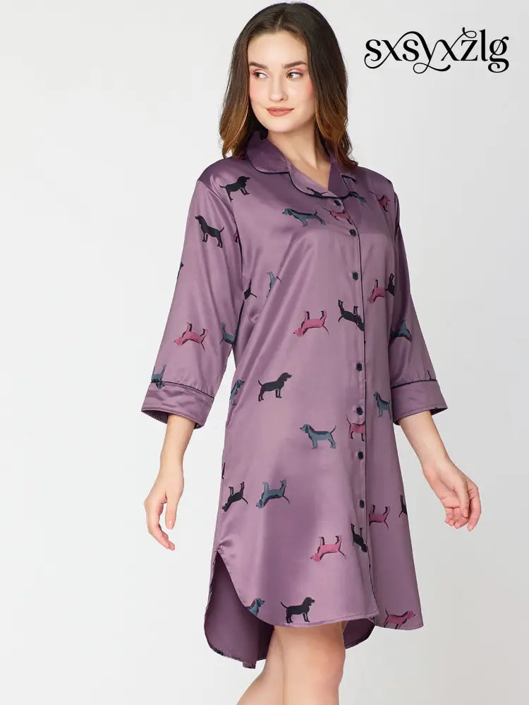 Women’s Satin Nightdress Animal Printed Purple Slipshirt - Shirt Sleeps