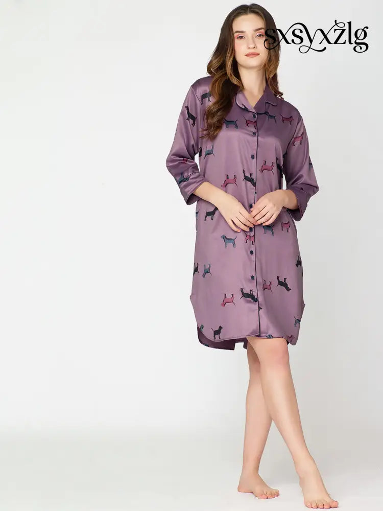 Women’s Satin Nightdress Animal Printed Purple Slipshirt - Shirt Sleeps