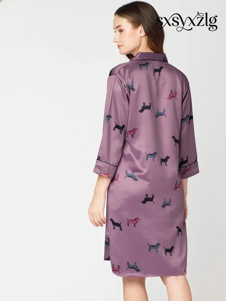 Women’s Satin Nightdress Animal Printed Purple Slipshirt - Shirt Sleeps